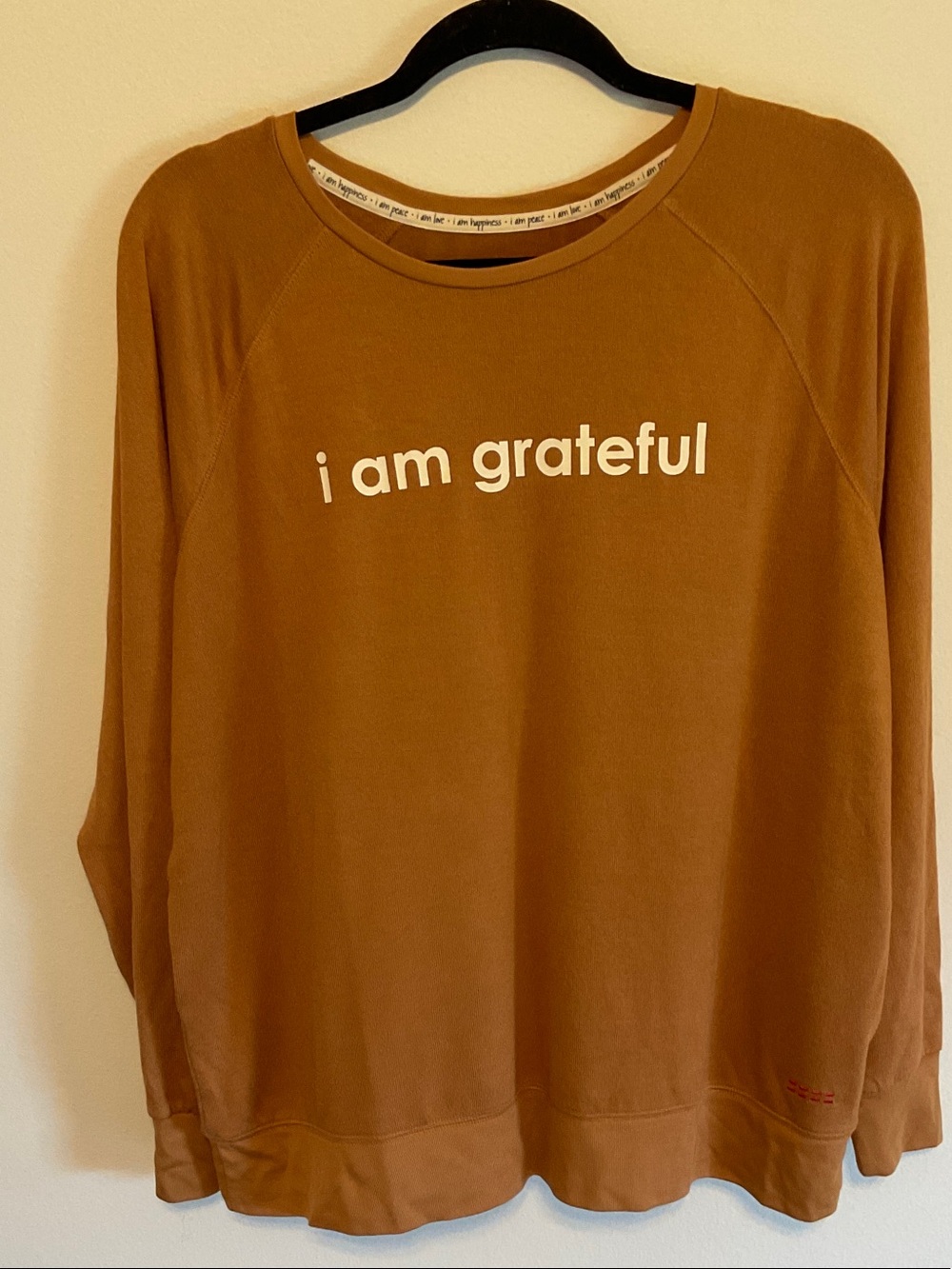 Peace love world affirmation, crewneck, pullover pumpkin spice size medium